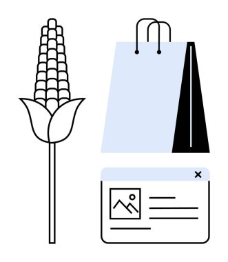 Alışveriş poşeti ve web sayfası düzenine bitişik mısır fabrikası, sürdürülebilir tarımı, dijital ticaretteki eko-ürünleri sembolize ediyor. Çevre ticareti, tarım, sürdürülebilirlik ve dijital alışveriş için ideal