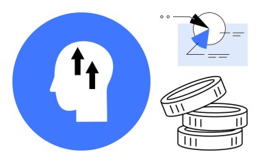 Yukarı doğru ok atan insan kafası, büyüme grafiği, madeni paralar. Girişimcilik, yenilik, finans, kişisel kalkınma, iş stratejisi, üretkenlik düz metaforu için ideal