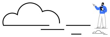Büyük bulut teknolojiyi temsil ediyor. Elinde pano tutan ve işaret eden bir figür var. Teknoloji, bulut depolama, bilişim çözümleri, iletişim, yenilik, iş stratejisi, düz basit metafor