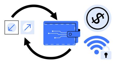 Teknoloji devreli cüzdan, para akışını gösteren oklar, para birimi işareti, kablosuz sinyal, kilit simgesi. Finans, e-ticaret, teknoloji, işlem, güvenlik bağlantıları için ideal