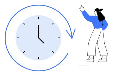 Zaman, plan, verimlilik ya da verimlilik öneren okla çevrili büyük bir saati işaret eden bir kadın. Zamanlama için ideal, teslim tarihleri, rutinler, organizasyon, ilerleme düzlüğü sade