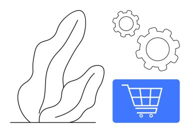 Alışveriş arabası ikonu, iki ana hatlı vites, ve organik soyut bitki şekli. E-ticaret, otomasyon, çevrimiçi pazarlama, teknoloji, büyüme yaratıcılığı için ideal. Düz basit metafor