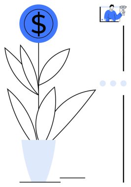 Bir dolar işareti ile madeni para içinde büyüyen saksı bitkisi, finansal büyümeyi sembolize ediyor. Küçük ekran video sunumu gösteriyor. Finans, yatırım, takım çalışması, strateji ve dijital ekonomi için ideal