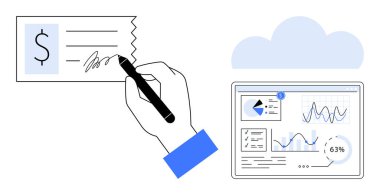 El imzası çeki, grafik ve grafikleri gösteren dijital kontrol paneli. Finans, muhasebe, analitik, yatırım, fintech, bulut teknolojisi para yönetimi için ideal. Düz basit metafor