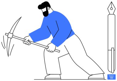 Büyük bir dolmakalemin yanında kazmayla saldırmak yaratıcı çabayı, işçiliği ve sıkı çalışmayı simgeler. Üretkenlik, yenilik, sorun çözme, takım çalışması, eğitim ve hedefler için ideal