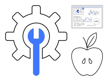 Bakımı sembolize eden ingiliz anahtarı, torpido gözünde veri analizi, ve sağlığı temsil eden bir elma. Teknoloji, sağlık, onarım, üretkenlik ve analitik için ideal