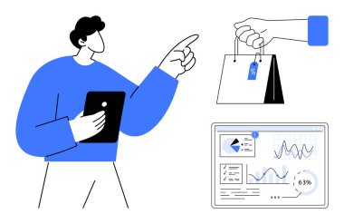 Tabletteki verileri analiz eden kişi ekommerce sezgilerine işaret eder. İndirim etiketli alışveriş çantası ve veri tabloları iş analitiği, satış stratejisi ve pazar eğilimlerini gösteriyor. İdeal
