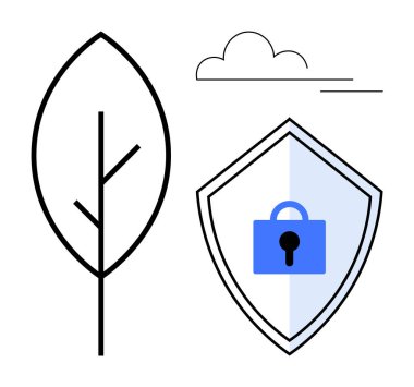 Mavi asma kilitli kalkanın yanında küçük bir bulut. Çevre koruma, veri güvenliği, çevre dostu teknoloji, siber güvenlik, sürdürülebilirlik, bulut depolama huzuru için ideal. Asgari