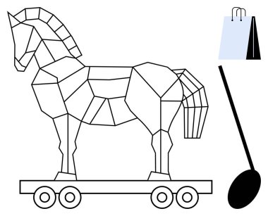 Geometrik Truva atı, tekerlekleri stratejiyi temsil eden, alışveriş torbaları ticareti sembolize eden, manuel işçilik için bir küreğin yanında. Pazarlama, güvenlik, ticaret, tarih, planlama, kılavuz için ideal