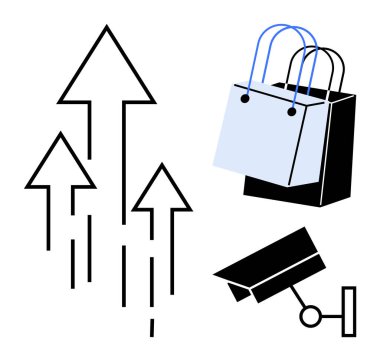 Yükselen üç ok, iki alışveriş çantası ve bir güvenlik kamerası. Çevrimiçi perakende satış, e-ticaret trendleri, alışveriş, güvenlik, izleme pazarı analiz güvenliği için ideal. Basit çizgiler düz