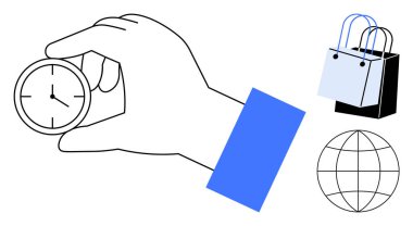 El ele tutuşan saat, iki alışveriş çantası ve küresel e-ticareti temsil eden dünya. Zaman yönetimi, çevrimiçi alışveriş, küresel erişim, e-ticaret stratejisi, iş verimliliği, son teslim tarihi