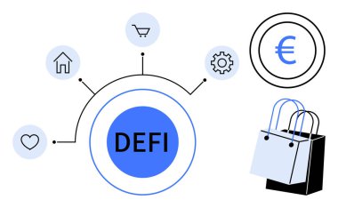 Merkezi DeFi mesajı bir kalp, ev, alışveriş arabası, teçhizat, avro işareti ve alışveriş torbalarıyla çevrili. Finans, teknoloji, yenilik için ideal dijital para birimi e-ticareti ademi merkeziyeti