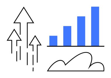 İlerlemeyi gösteren yukarı doğru oklar, büyüme eğilimlerini vurgulayan mavi çizelge, en az eğimli bulut şekli. Başarı, iş stratejisi, yenilik, takım çalışması, analitik, hedefler için idealdir.