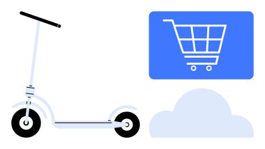 Bulutun üstünde mavi bir alışveriş arabası ikonunun yanında elektrikli scooter. Hareket edebilirlik, e-ticaret, teknoloji, çevre dostu yaşam, kentsel yaşam tarzı, online alışveriş, sürdürülebilirlik için ideal. Düz basit