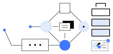 Çizgilerle birbirine bağlı geometrik şekiller veri elemanları ve grafikleri analizi simgeleyen bir akış şemasını temsil eder. Çalışma akışı, organizasyon, teknoloji, strateji, yönetim, planlama için ideal basit