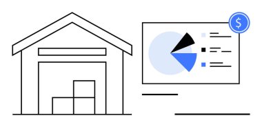 Analiz panosunun yanında istiflenmiş kutular olan depo pasta grafiği ve finansal verileri gösteriyor. İkmal zinciri, lojistik, envanter, finans, iş analizi, operasyon ve strateji için ideal. Düz basit