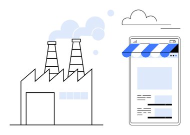 Duman yayan bir fabrika binası ve tenteli bir akıllı telefon dükkanı. Endüstri, e-ticaret, dijital dönüşüm, sürdürülebilirlik, tedarik zinciri, üretim, iş büyümesi için ideal. Düz