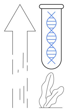 DNA iplikçikli test tüpü, gelişimi simgeleyen yukarı doğru ok ve minimalist bitkiler. Bilim, yenilik, araştırma, büyüme, biyoteknoloji sürdürülebilirlik eğitimi için idealdir. Düz basit metafor