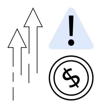Yukarı doğru yükselen oklar, bir dolar bozuk para ve üçgenin içinde ünlem işareti. Finans, başarı, büyüme, dikkat, uyarı fırsatı karar verme için idealdir. Temiz düz basit metafor