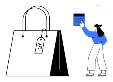 Hesap makinesi kullanan bir kadının yanında yüzde işareti olan büyük bir alışveriş torbası. Alışveriş, satış, bütçe, finans, indirimler, çevrimiçi alım, ekonomik planlama için ideal. Düz basit metafor