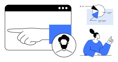 Tarayıcı penceresinde el işaretleme, kullanıcı profili simgesi, pasta grafiği ve grafiğine doğru hareket eden kişi. Takım çalışması, veri yönetimi, iletişim, pazarlama, UI tasarımı, karar verme dairesi için ideal