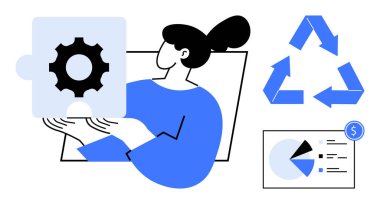 Kadın bulmaca parçalarını teçhizatla sunuyor, problem çözme ve sistem entegrasyonunu temsil ediyor. Yakınlarda, bir geri dönüşüm sembolü ve mali tablo sürdürülebilirlik ve büyümeyi iletiyor. Takım çalışması için ideal