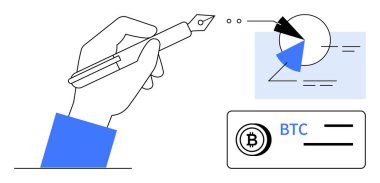 El ele tutuşma kalem çizimi, turta ve çizgi elemanları, Bitcoin konseptiyle eşleştirilmiş. Finans, kripto para birimi, veri analizi, yaratıcılık, yatırımlar, blok zinciri tasarımı için ideal. Düz basit