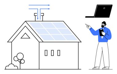 Çatıda güneş panelleri olan modern bir ev. Oklar enerji akışını gösteriyor. Mühendis tableti gösteriyor ve tutuyor. Enerji verimliliği, sürdürülebilirlik, mühendislik, güneş enerjisi ve yenilenebilir enerji için ideal