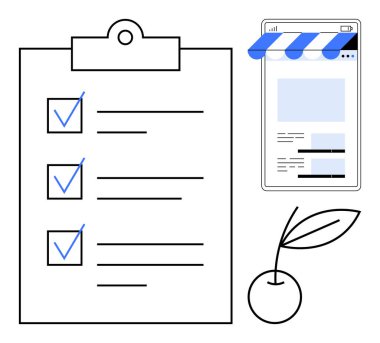 Mavi işaretli minimalist kontrol listesi, vitrin tipi mobil arayüz ve kiraz illüstrasyonu. İş planlaması, görev yönetimi, üretkenlik, e-ticaret, hedef belirleme için ideal