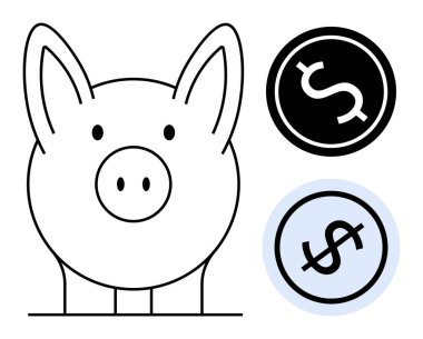 Piggy Bank ana hatlarıyla birlikte siyah ve mavi dolar daire grafikleri. Tasarruf, bütçe, finans, yatırım, ekonomi, zenginlik ve tasarruf için ideal. Basit düz metafor