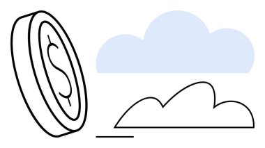 Dolar işaretli sikke zenginliği simgeler, soyut bulut şekilleri teknolojiyi, yeniliği önerir. Finans, bulut hesaplama, yatırım, fintech, tasarruf küreselleşmesi için ideal. Düz basit