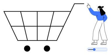 Büyük minimalist bir alışveriş arabasını işaret eden bir kadın, sürgülü arayüzün yanında. Kullanıcı arayüzü, e-ticaret, alışveriş deneyimi, perakende, karar verme, müşteri yolculuğu, çevrimiçi için ideal