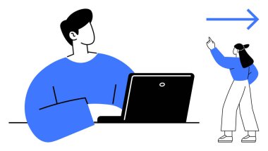 Dizüstü bilgisayarda çalışan kişi, bir oku işaret eden iş arkadaşına bakar. Takım çalışması, rehberlik, yön, işbirliği, gelecek planlama, liderlik için ideal, düz basit metafor