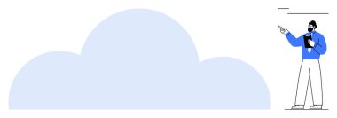 Resmi kıyafetli bir adam elinde defterle büyük bir bulutu işaret ediyor. Teknoloji, bulut hesaplama, veri depolama, yenilik, uzak çözümler, çevrimiçi ağ, düz basit metafor için ideal