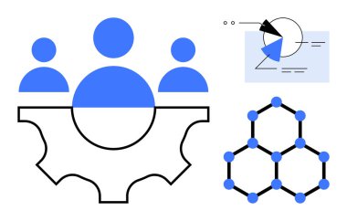 Takım işbirliği bir dişli üzerinde şekiller, pasta grafiği elemanları ile veri analizi ve bağlı düğümler ağı ile sembolize edilir. Takım çalışması, otomasyon, analitik, yenilik ve strateji için ideal