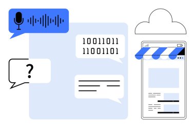 Konuşma tanıma, ikili kod, sohbet baloncukları, çevrimiçi mağaza önü ve modern iletişim ve teknolojiyi vurgulayan bulut simgesi. Yapay zeka, bulut hesaplama, e-ticaret, kodlama veri işleme için ideal