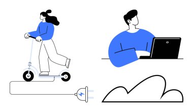 Elektrikli scooter kullanan bir kadın elektrik prizine bağlı bir adam dizüstü bilgisayarda çalışıyor ve minimalist bulut şeklinde. Yeşil teknoloji, hareketlilik, sürdürülebilirlik, uzaktan çalışma ve akıllı aygıtlar için ideal