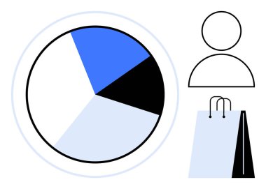 Minimalist bir kullanıcı simgesi ve alışveriş çantasının yanında kalın renklerde turta grafiği. Veri analizi, tüketici davranışı, piyasa araştırması, iş, alışveriş eğilimleri, satış, nüfus istatistikleri için ideal. Düz basit