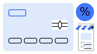Çipli ödeme kartı ve yüzde simgesinin yanında slot numaraları ve mağaza önü ekranlı akıllı telefon. Finans, alışveriş, indirim, e-ticaret, nakit para, dijital işlemler, pazarlama için ideal