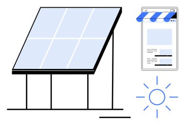 Güneş paneli, mobil bir uygulama arayüzünün yanındaki güneş ışığını emiyor. Yenilenebilir enerji, teknoloji, çevre dostu yenilikler, sürdürülebilirlik, dijital yönetim, güneş enerjisi evlat edinmesi için ideal