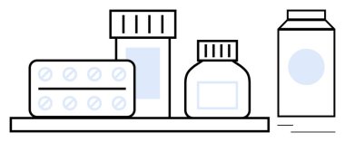 İlaç şişeleri, bir hap paketi ve rafta sergilenen bir kap. Sağlık, reçete, ilaç, sağlık, hijyen tedavisi ve tıbbi güvenlik için idealdir. Düz basit