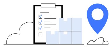 Paket kutuları ve mavi lokasyon şifresi yanında işaretlenmiş ögelerin yer aldığı kontrol listesi. Lojistik, teslimat planlaması, envanter, tedarik zinciri, görev takibi, sipariş tamamlama, düz basit
