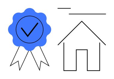 İşaretli mavi rozet, geometrik ev hatlarının yanında onaylanmayı simgeliyor. Kalite, sertifika, ev sigortası, gayrimenkul güvencesi, ev garantisi, güvenlik, düz metafor için ideal