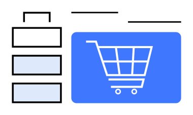 Dijital arayüzde alışveriş arabası simgesi, menü düzeni ve bölüm ayırıcıları. E-ticaret, çevrimiçi alışveriş, dijital pazar yeri, UI tasarımı, ürün listeleme, web gezinti dairesi için ideal