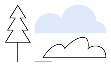 Basit geometrik ağaç, soyut bulut ve çalıların birleştiği sakin bir doğa sahnesi. Doğa için ideal, eko temaları, sürdürülebilirlik, açık hava aktiviteleri, minimum tasarım, basit eğitim dairesi