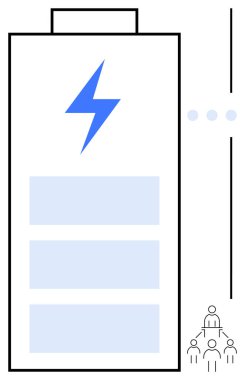 Mavi yıldırımlı büyük bir pil, takım çalışmasını tartışan küçük bir grup insan. Enerji, teknoloji, işbirliği, sürdürülebilirlik, verimlilik, verimlilik, yenilik için ideal