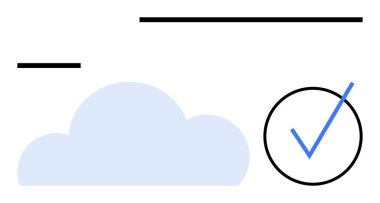 Mavi bulut şekli ve temiz minimalist tarzda çizgileri olan siyah işaret. Teknoloji, başarı, onay, bulut hesaplama, yazılım, güvenlik, veri için ideal. Düz basit metafor