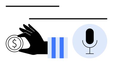 Mikrofonun yanında dolar işareti olan el ele tutuşmalar finans, para kazanma, podcastlar, iletişim, ses içeriği, ödeme, gelir vurguluyor. Ekonomi ve iş yaratıcılığı medyası için ideal