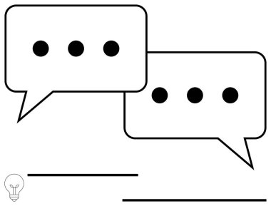 Her birinde üç elips bulunan, iletişimi ya da devam eden konuşmayı sembolize eden iki ana hatlı konuşma balonu. Mesajlaşma, diyalog, beyin fırtınası, etkileşim, tartışma, bağlantı için ideal