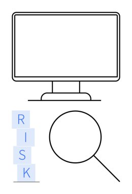 Bilgisayar monitörü, büyüteç ve dizilmiş RISK harfleri veri analizi, risk değerlendirmesi ve problem çözmeyi temsil ediyor. İş, finans, güvenlik ve araştırma kararlarının denetlenmesi için ideal
